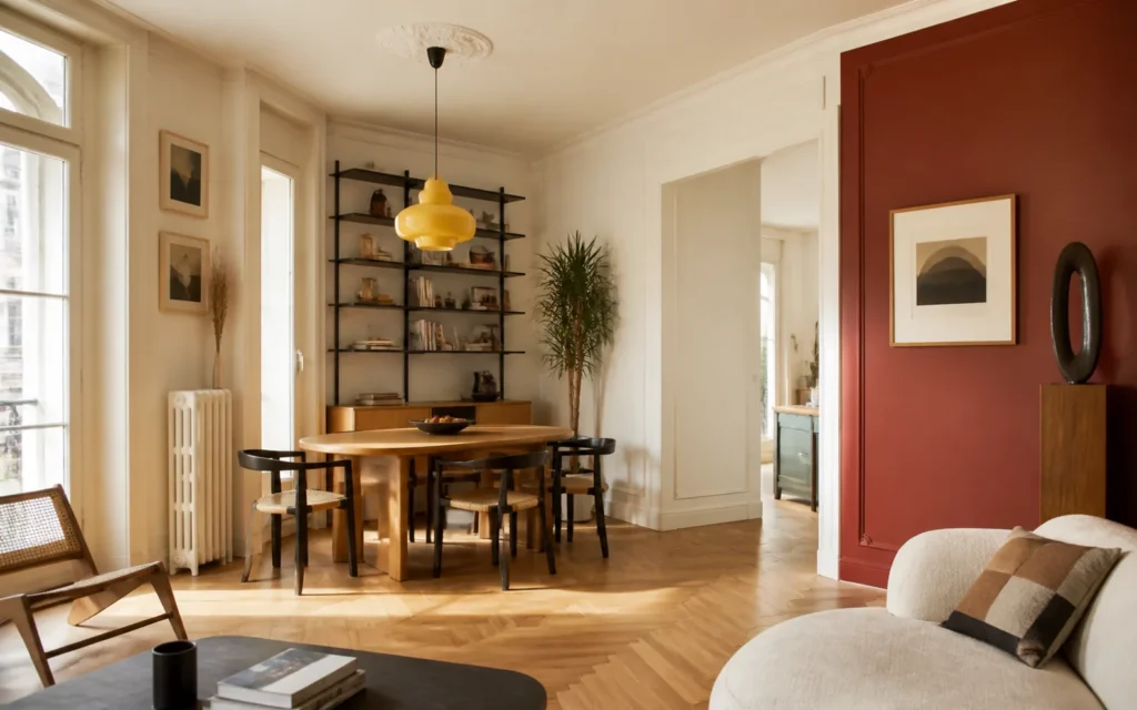 Appartement chaleureux avec mur rouge brique et suspension jaune