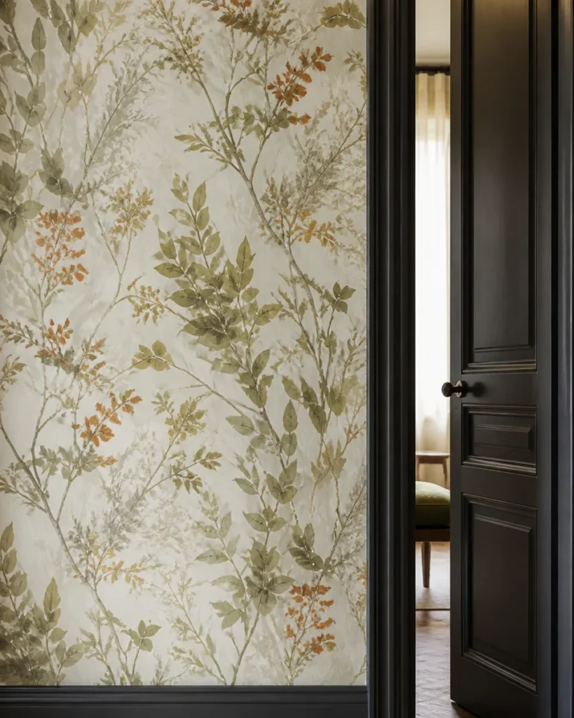 Papier peint botanique olive et rouille avec porte charbon