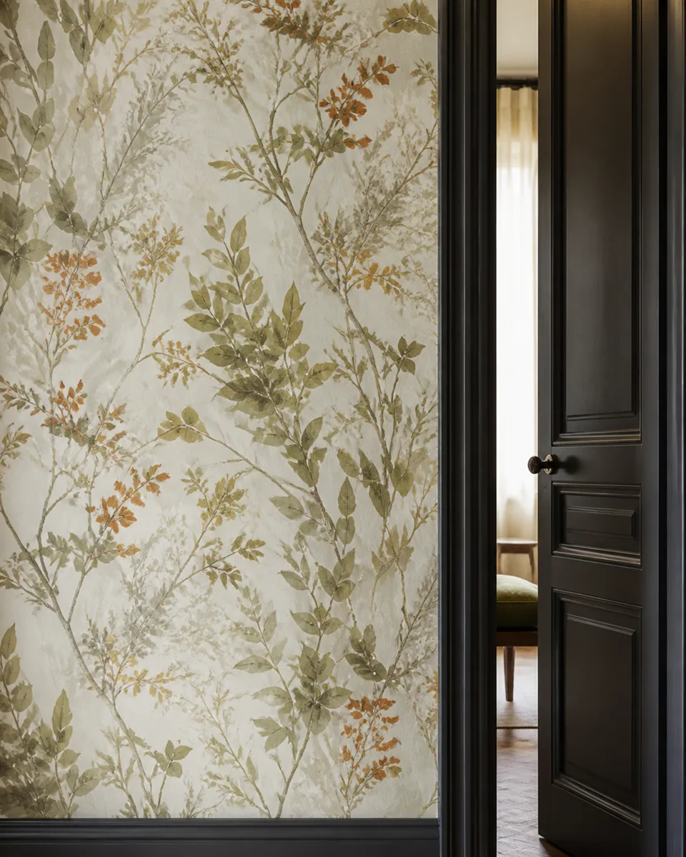 Papier peint botanique olive et rouille avec porte charbon