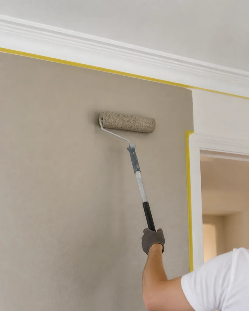 Application au rouleau d’une peinture greige près du plafond