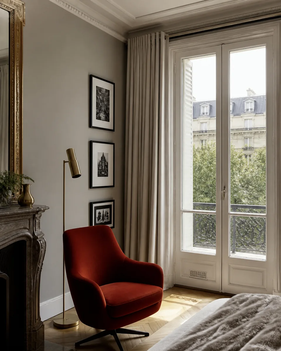 Salon gris clair avec fauteuil rouge et lampe en laiton