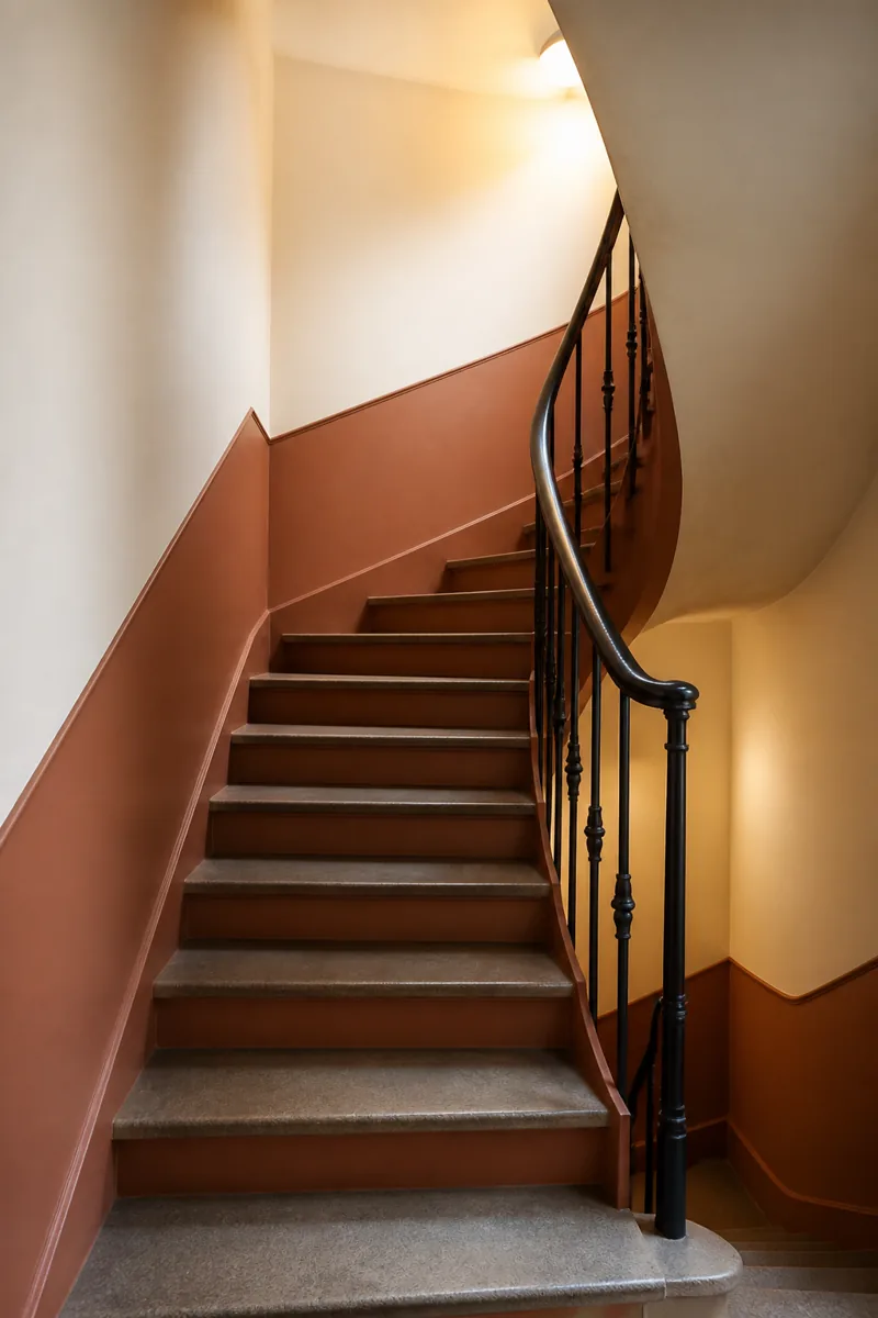 Cage d’escalier peinte en ivoire, terracotta et charbon