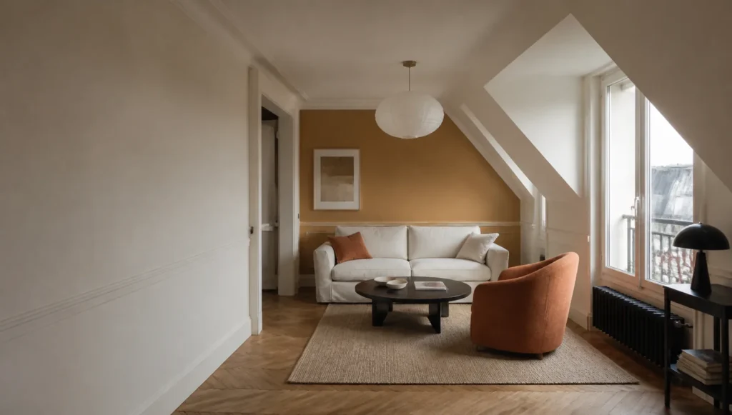 Salon parisien sous pente, murs crème et ocre, fauteuil terracotta