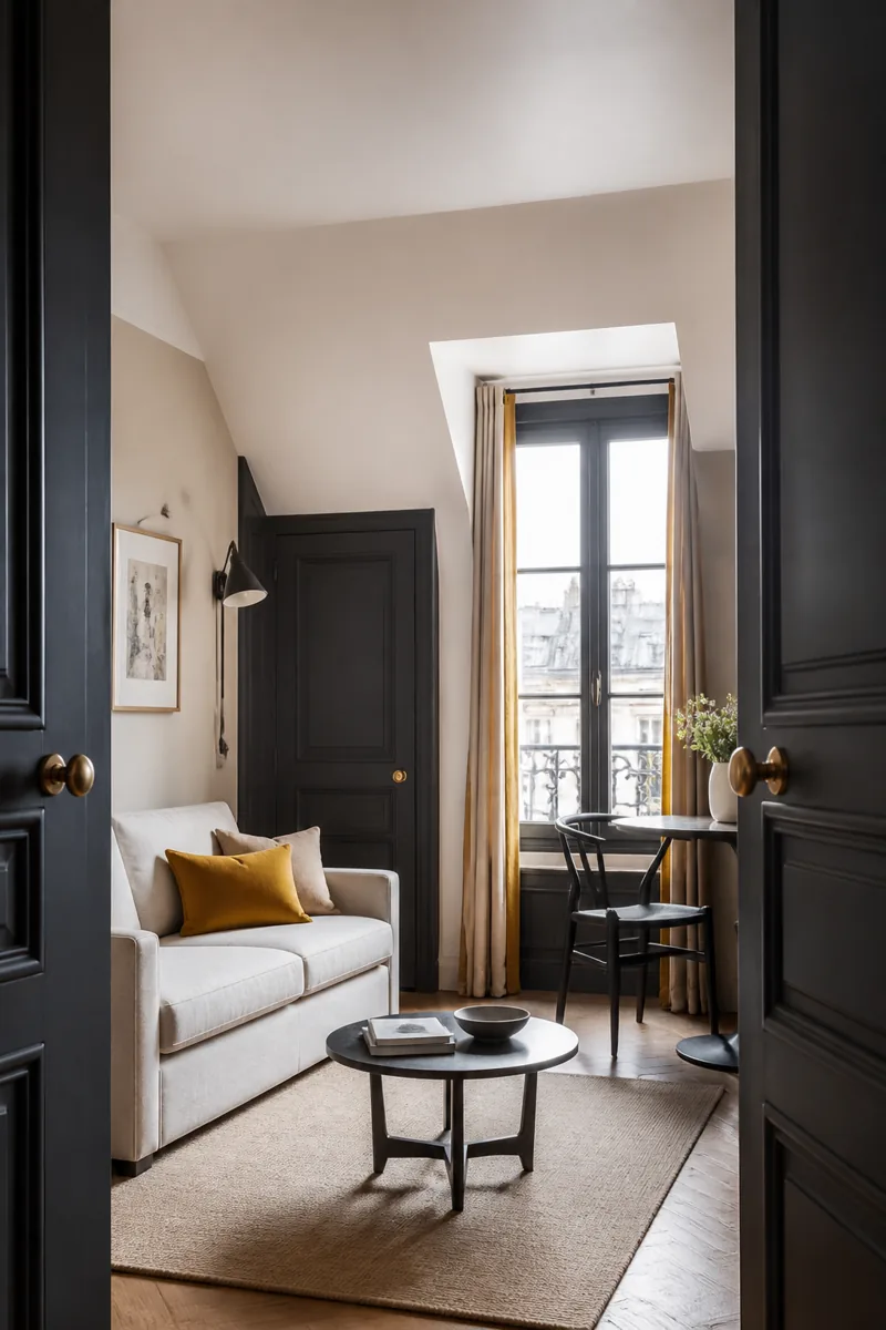 Petit séjour parisien mansardé avec boiseries charbon