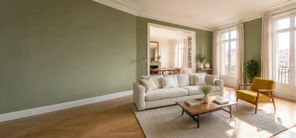 Séjour lumineux avec mur vert olive et fauteuil jaune