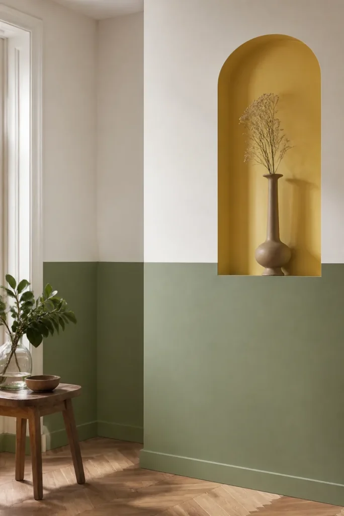 Mur bicolore olive et ivoire avec niche jaune