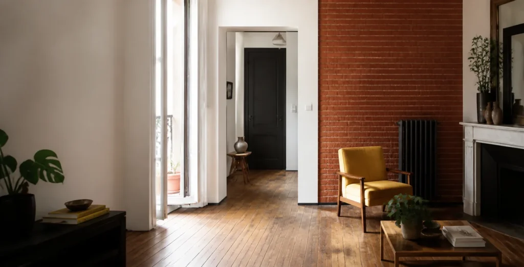 Séjour parisien avec mur brique, porte charbon et fauteuil jaune
