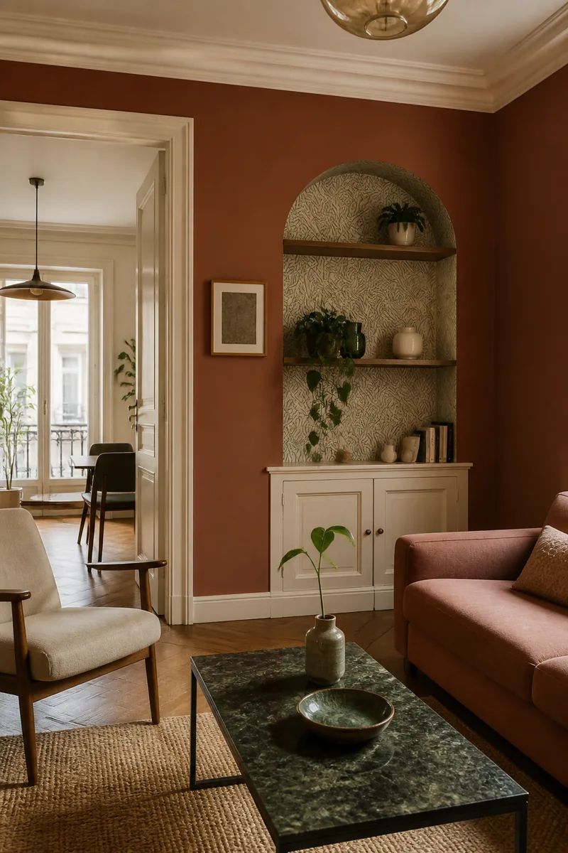 Salon terracotta avec niche décorée et boiseries crème