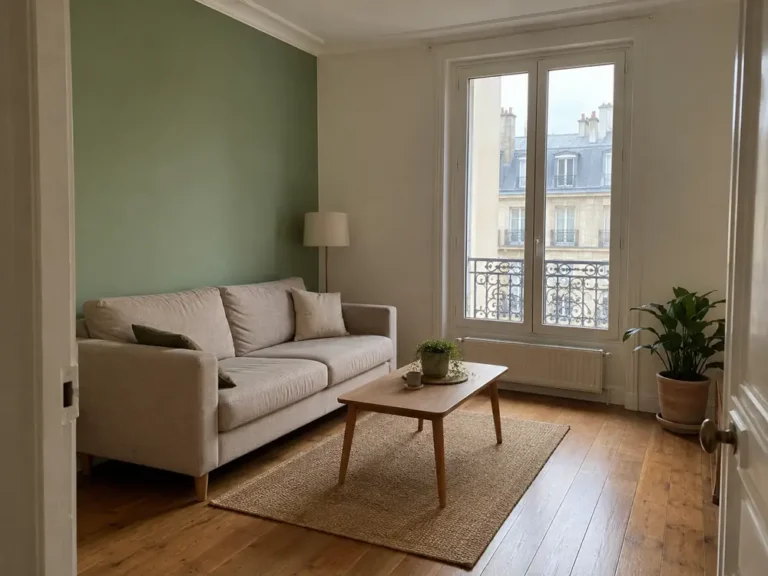 Séjour parisien aux murs sauge et blanc cassé