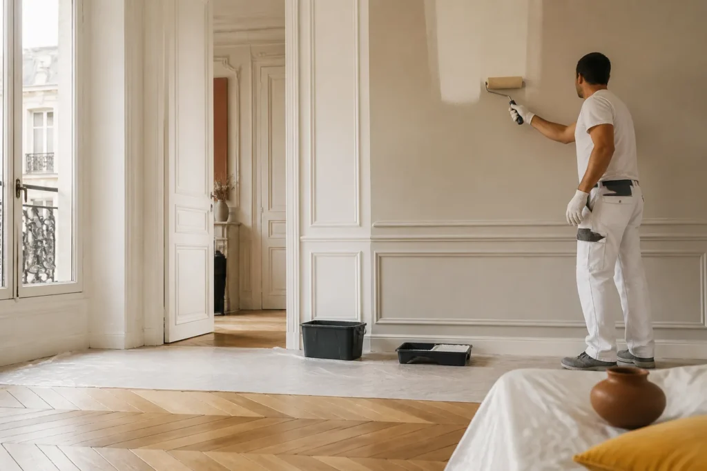 Peintre appliquant une finition claire dans un appartement parisien protégé