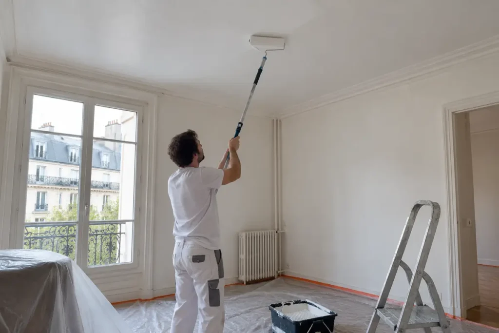 Application de peinture mate sur un plafond dans un appartement parisien