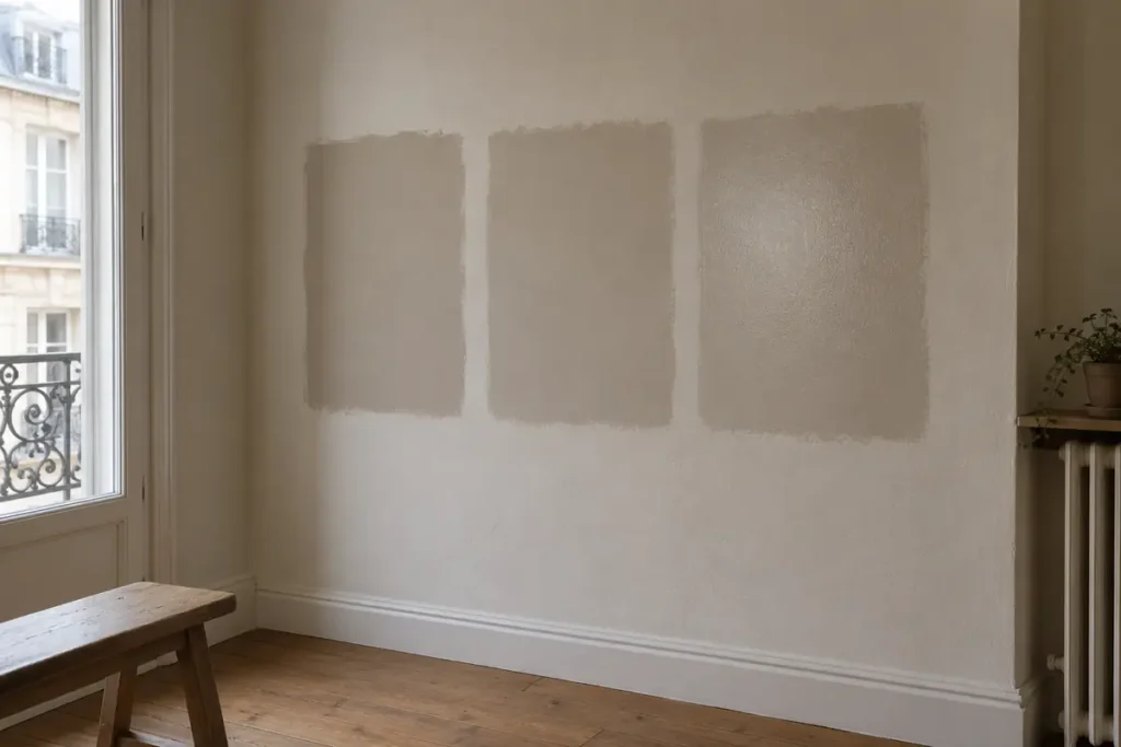 Échantillons de peinture mate, velours et satinée sur un mur parisien