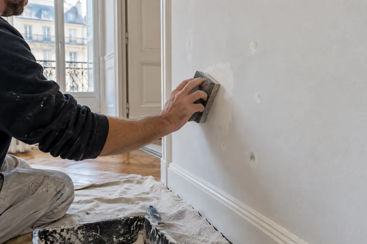Préparation et ponçage d’un mur avant peinture dans un appartement parisien
